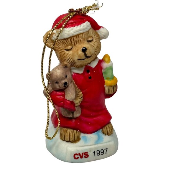 CVS 1997 Traditions Ornament Teddy Bear In Santa Suit Holding Candle & Toy - Picture 3 of 7